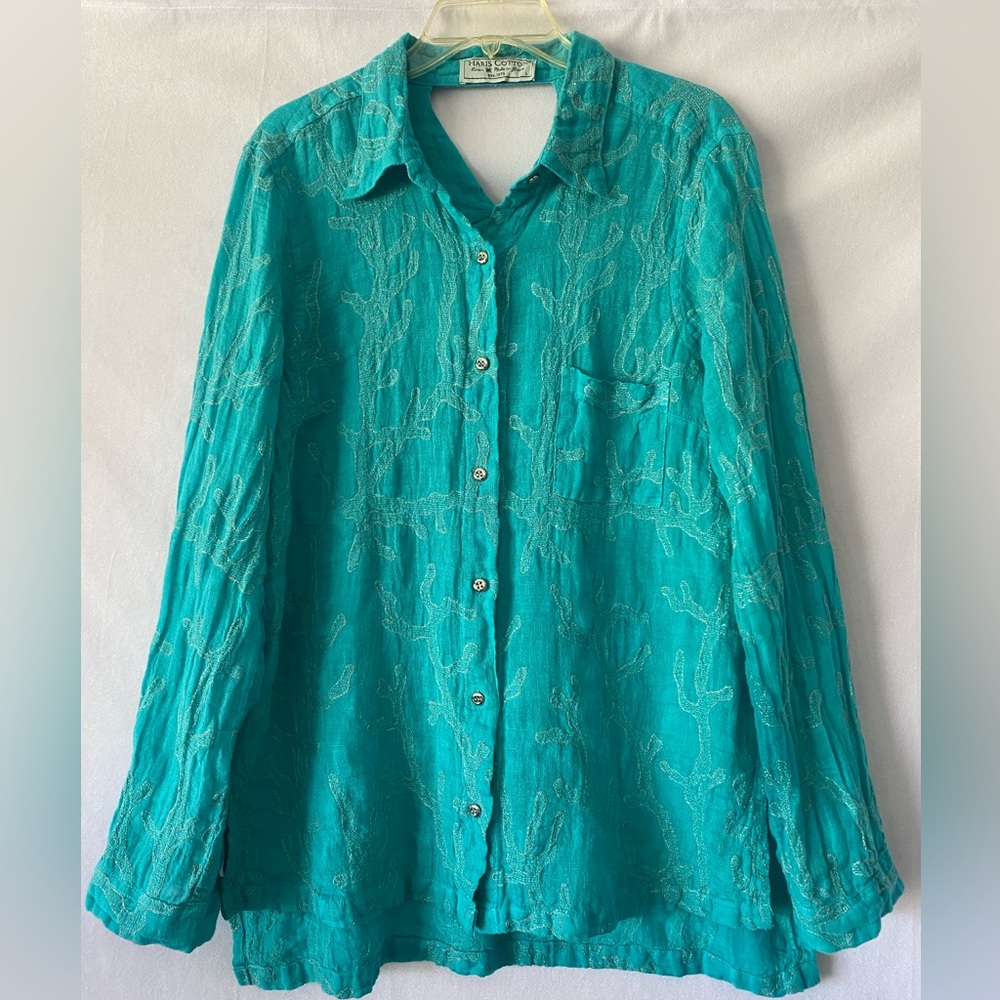 Haris Cotton Beach Summer Linen Blouse Top Button Up Coral Embroidered Size L